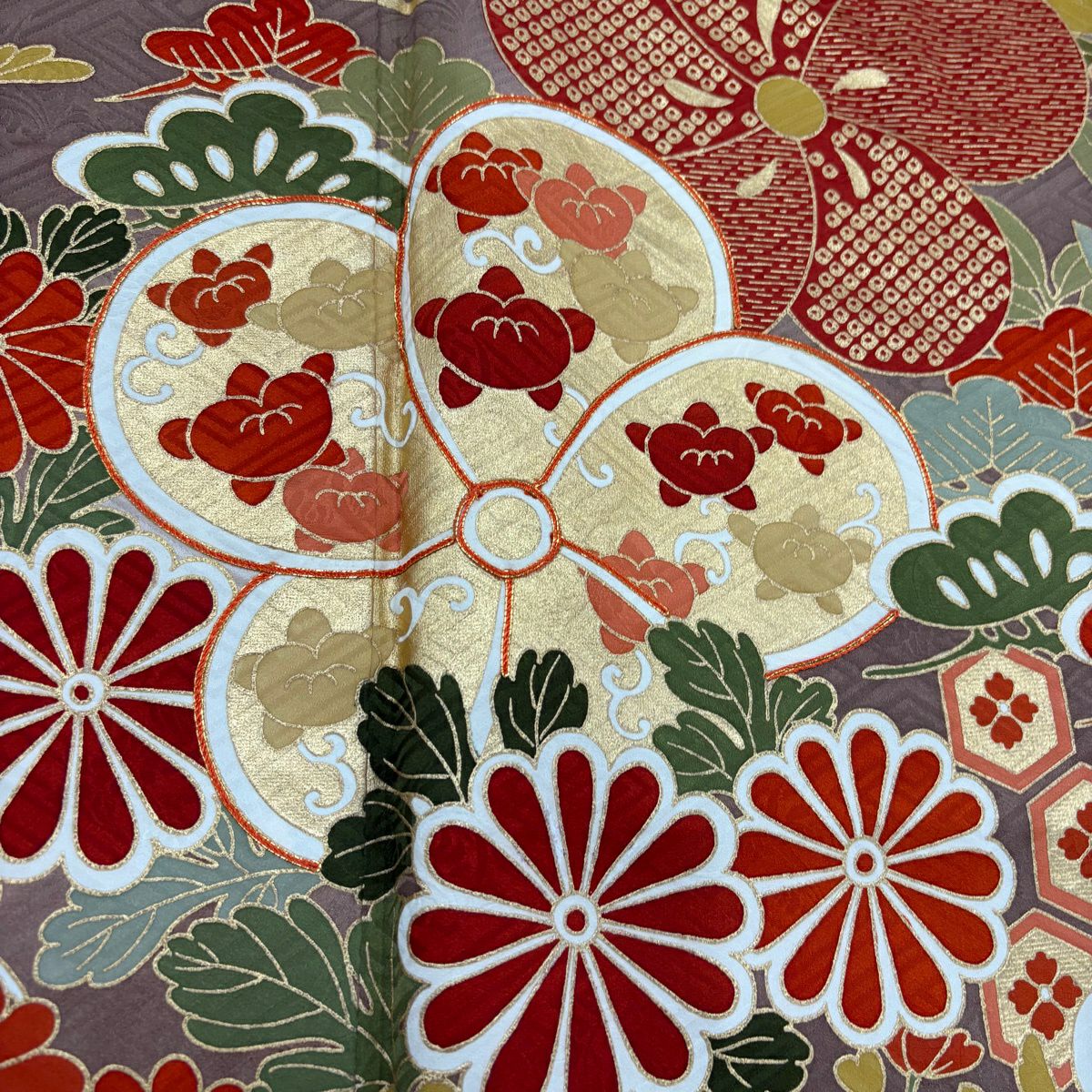 【美品】振袖禮服 身長173cm 袖長67cm M 雙層 梅花 蝶 金絲 金銀彩 灰茶 純蠶絲 秀品級