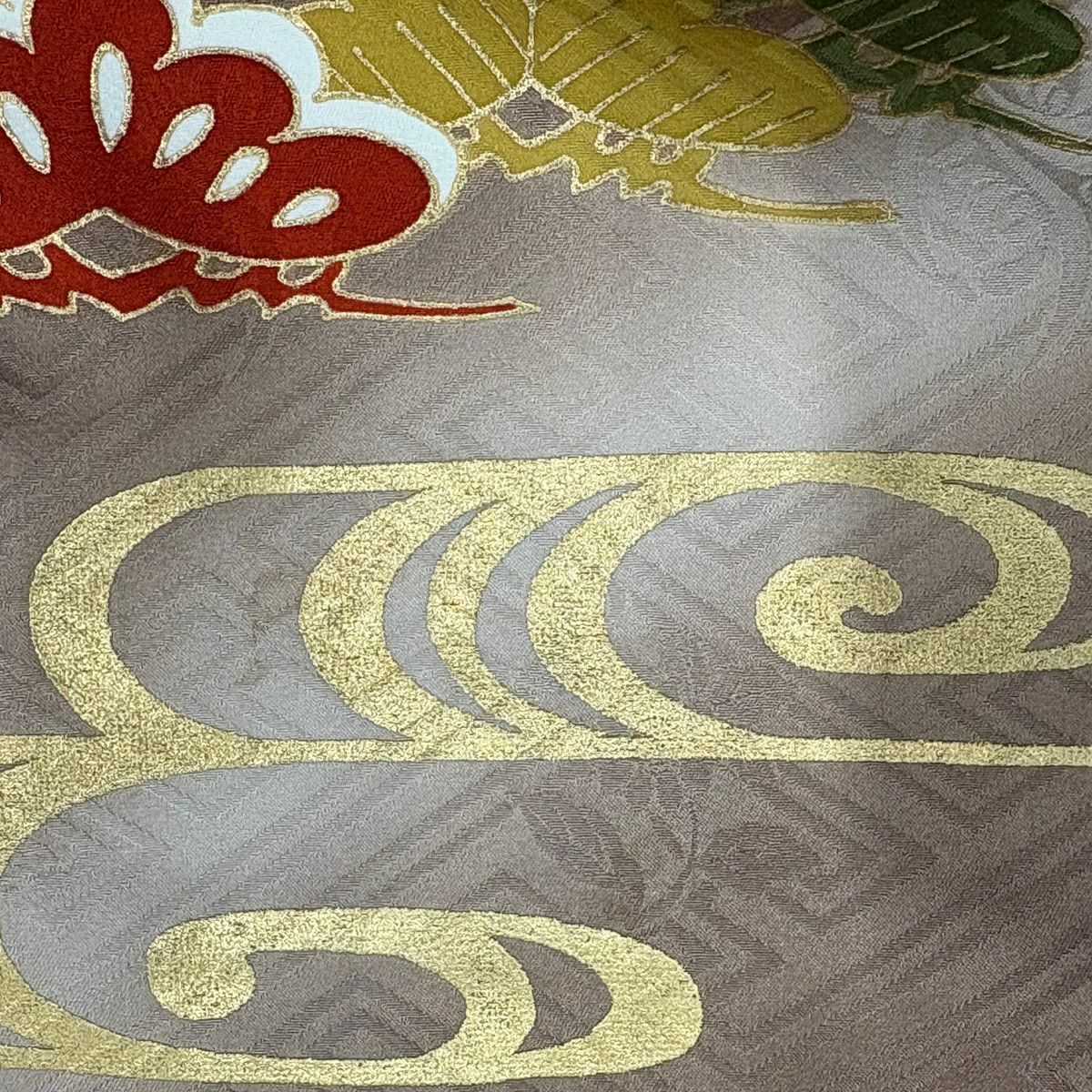 【美品】振袖禮服 身長173cm 袖長67cm M 雙層 梅花 蝶 金絲 金銀彩 灰茶 純蠶絲 秀品級