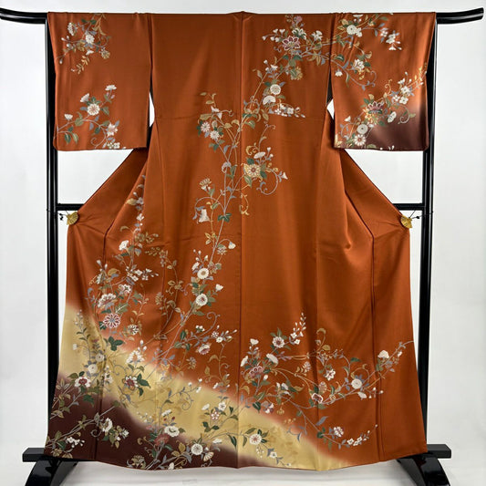 訪問服 身長162.5cm 袖長66.5cm M 雙層 草花紋紋 菊花 金銀彩 染分 紅茶 純蠶絲 秀品級