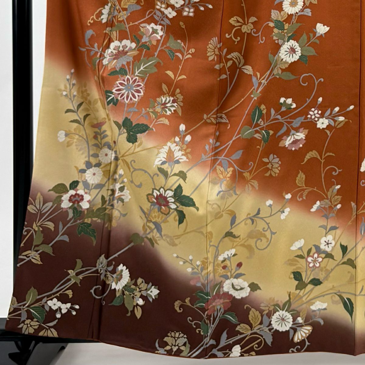 訪問服 身長162.5cm 袖長66.5cm M 雙層 草花紋紋 菊花 金銀彩 染分 紅茶 純蠶絲 秀品級