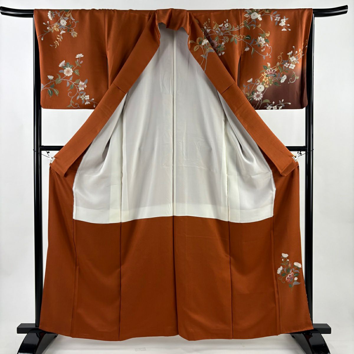 訪問服 身長162.5cm 袖長66.5cm M 雙層 草花紋紋 菊花 金銀彩 染分 紅茶 純蠶絲 秀品級