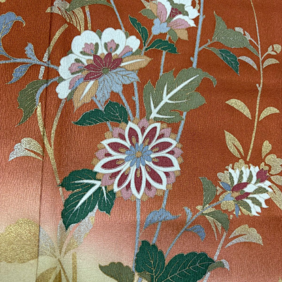 訪問服 身長162.5cm 袖長66.5cm M 雙層 草花紋紋 菊花 金銀彩 染分 紅茶 純蠶絲 秀品級
