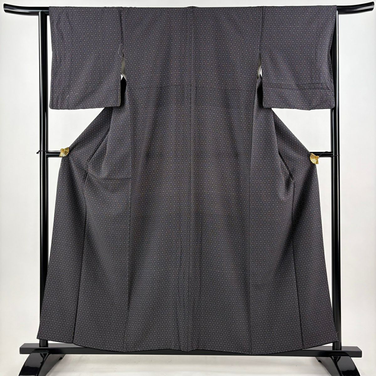 【美品】 小紋 身長157.5cm 袖長63cm S 雙層 麻葉 墨色 純蠶絲 秀品級