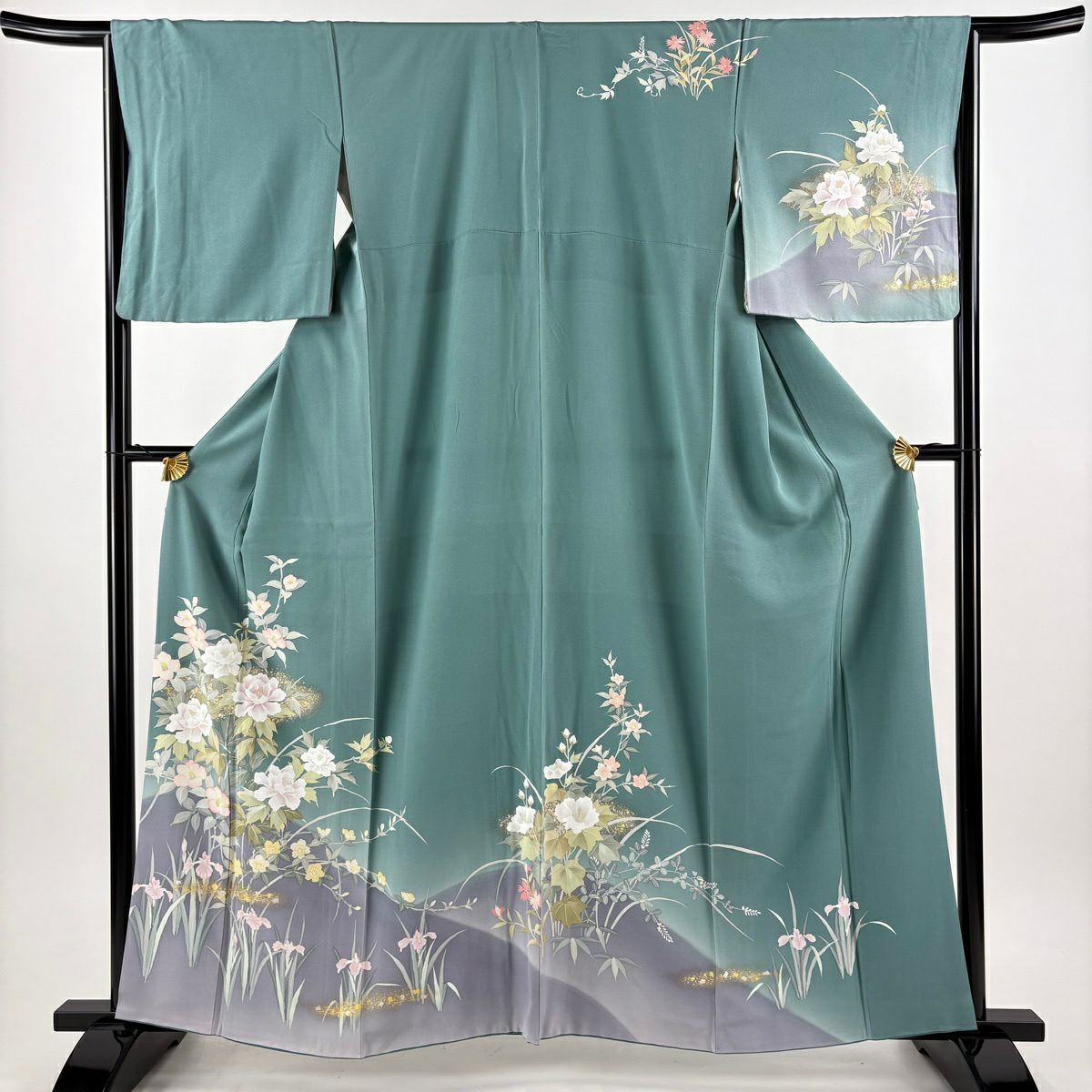 訪問服 身長159cm 袖長65.5cm M 雙層 牡丹 草花紋紋 金銀彩 漸層 青綠 純蠶絲 優品級