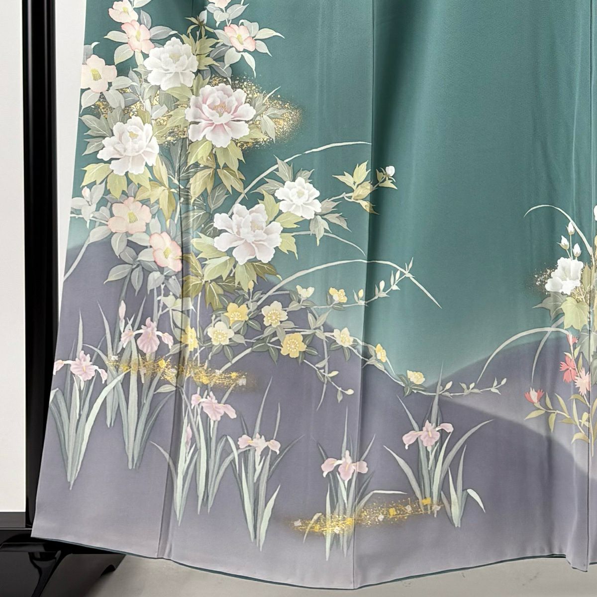 訪問服 身長159cm 袖長65.5cm M 雙層 牡丹 草花紋紋 金銀彩 漸層 青綠 純蠶絲 優品級