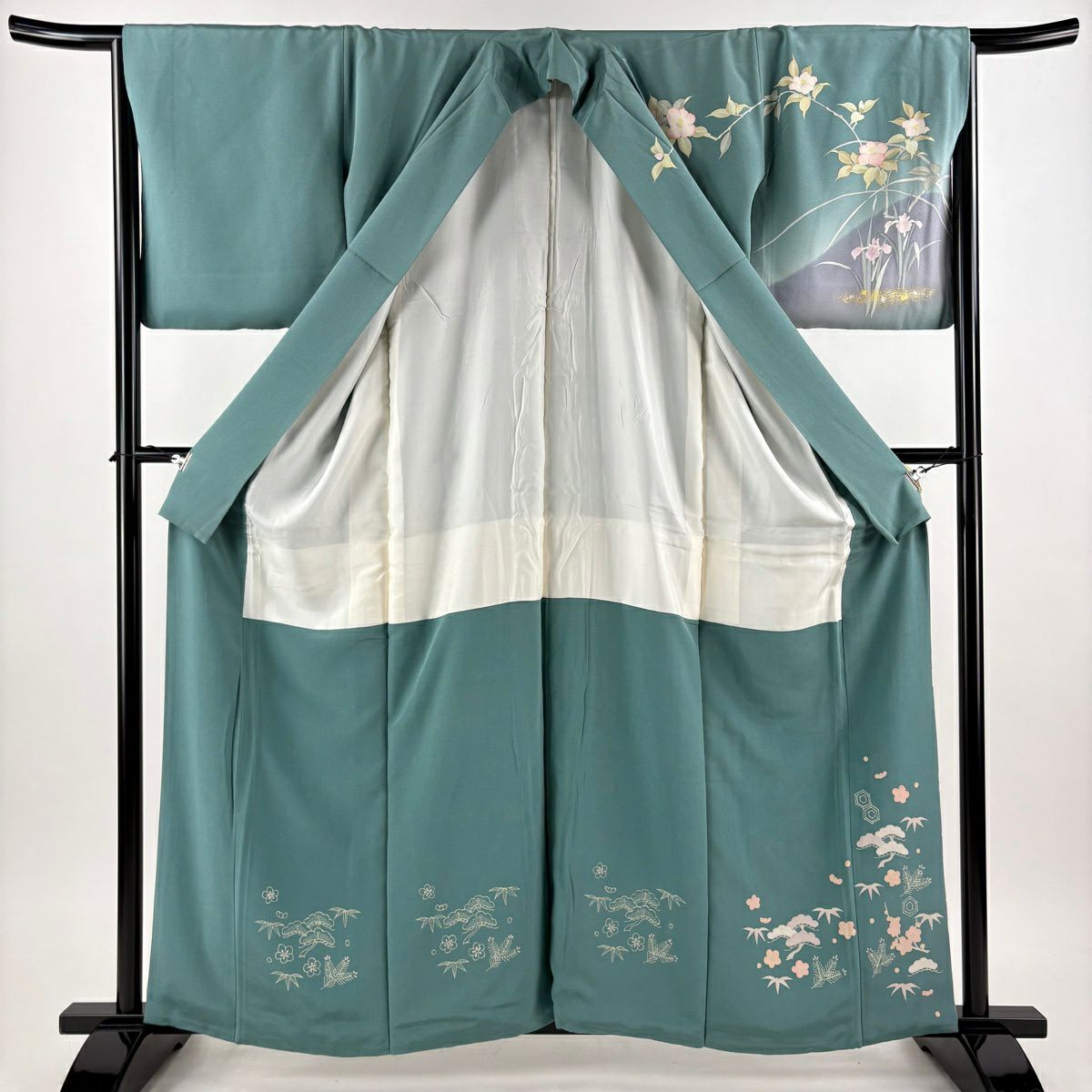 訪問服 身長159cm 袖長65.5cm M 雙層 牡丹 草花紋紋 金銀彩 漸層 青綠 純蠶絲 優品級