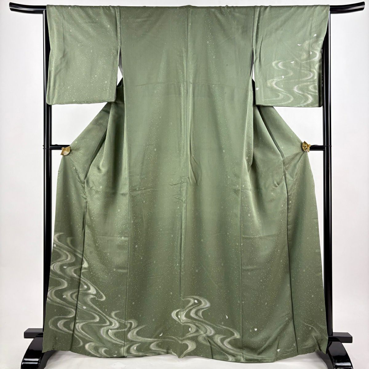 付下 身長166cm 袖長65cm M 雙層 流水 花瓣 金金箔 艾草 經典純蠶絲 優品級