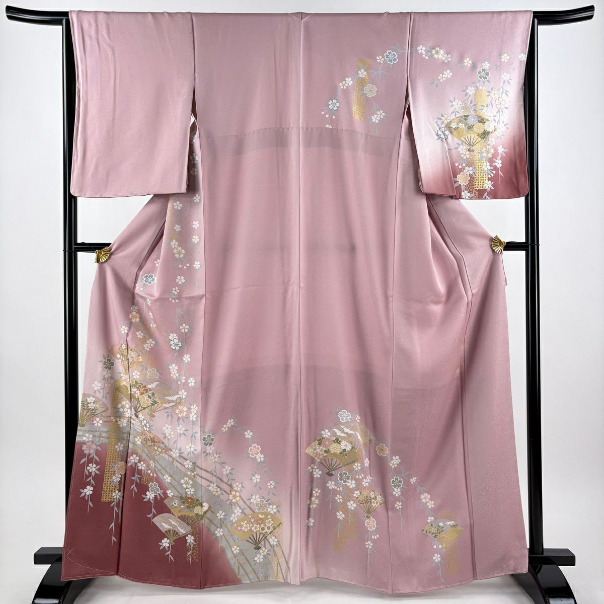 訪問服 身長164.5cm 袖長65cm M 雙層 扇子花鳥 金彩裝飾 漸層 粉紅 純蠶絲 秀品級