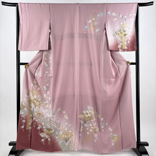 訪問服 身長164.5cm 袖長65cm M 雙層 扇子花鳥 金彩裝飾 漸層 粉紅 純蠶絲 秀品級