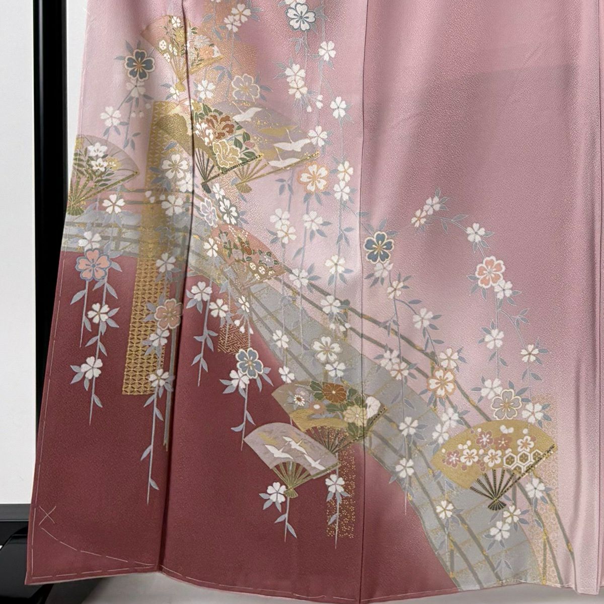 訪問服 身長164.5cm 袖長65cm M 雙層 扇子花鳥 金彩裝飾 漸層 粉紅 純蠶絲 秀品級