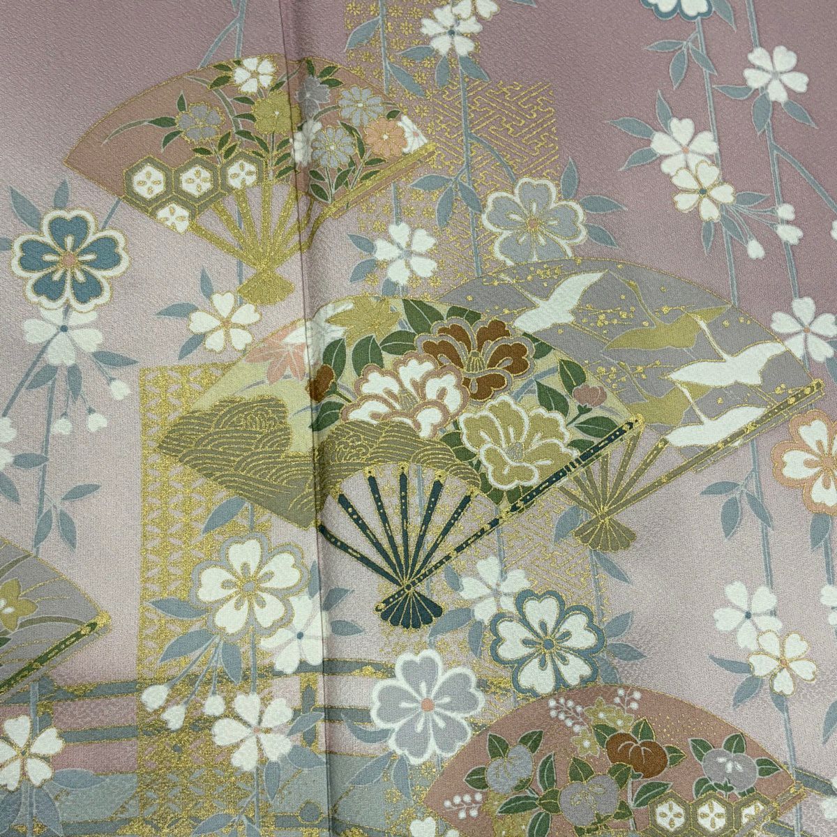 訪問服 身長164.5cm 袖長65cm M 雙層 扇子花鳥 金彩裝飾 漸層 粉紅 純蠶絲 秀品級