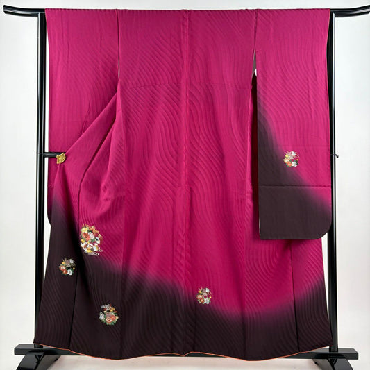 振袖禮服 身長158cm 袖長63.5cm S 雙層 花丸紋 鴛鴦 金銀彩 刺繡 紅紫 純蠶絲 秀品級