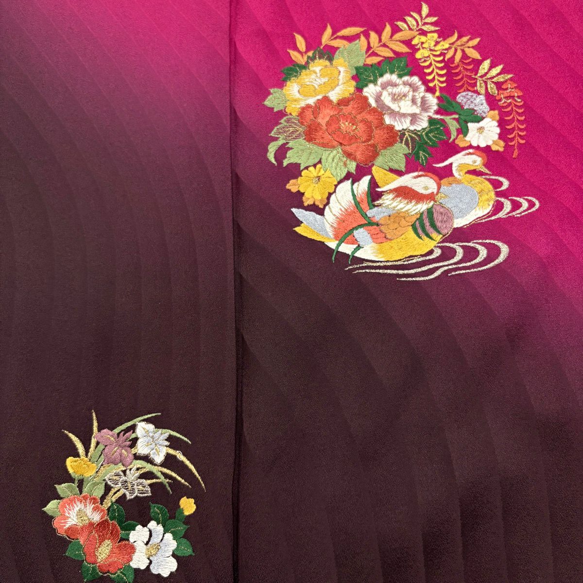 振袖禮服 身長158cm 袖長63.5cm S 雙層 花丸紋 鴛鴦 金銀彩 刺繡 紅紫 純蠶絲 秀品級