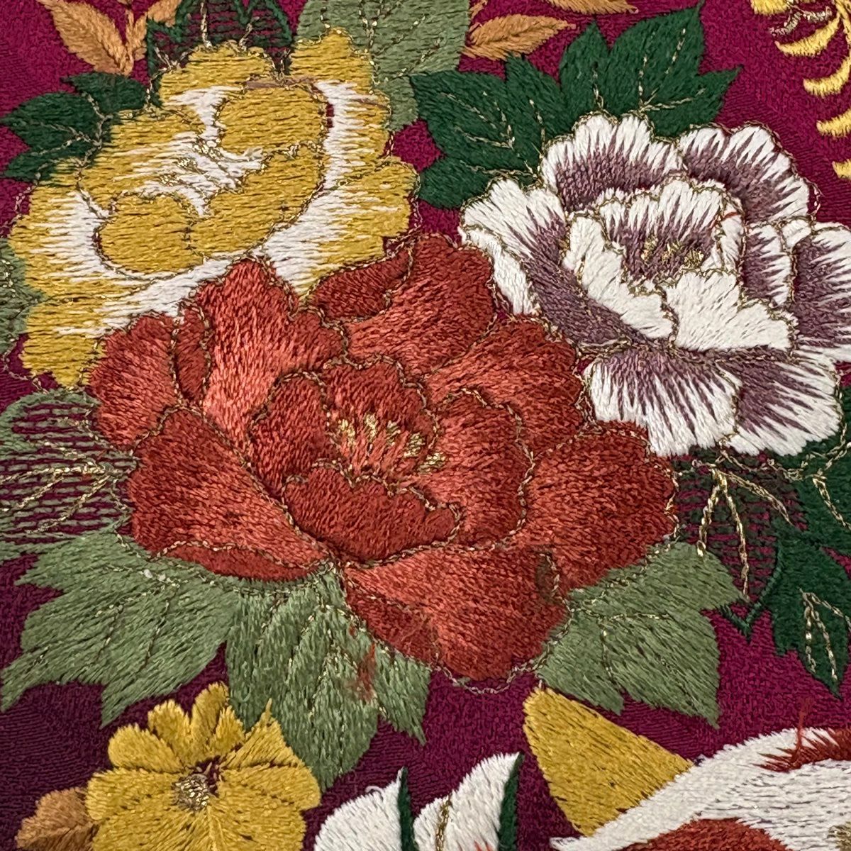 振袖禮服 身長158cm 袖長63.5cm S 雙層 花丸紋 鴛鴦 金銀彩 刺繡 紅紫 純蠶絲 秀品級