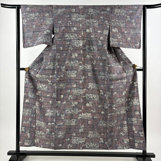 【美品】 小紋 身長154.5cm 袖長62cm S 單層 紬織織 草花紋紋 灰紫 純蠶絲 秀品級