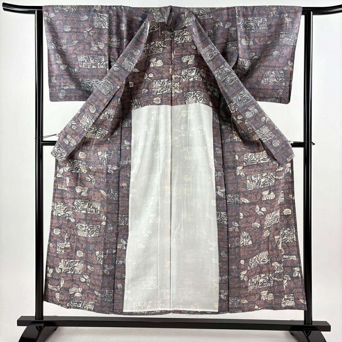 【美品】 小紋 身長154.5cm 袖長62cm S 單層 紬織織 草花紋紋 灰紫 純蠶絲 秀品級