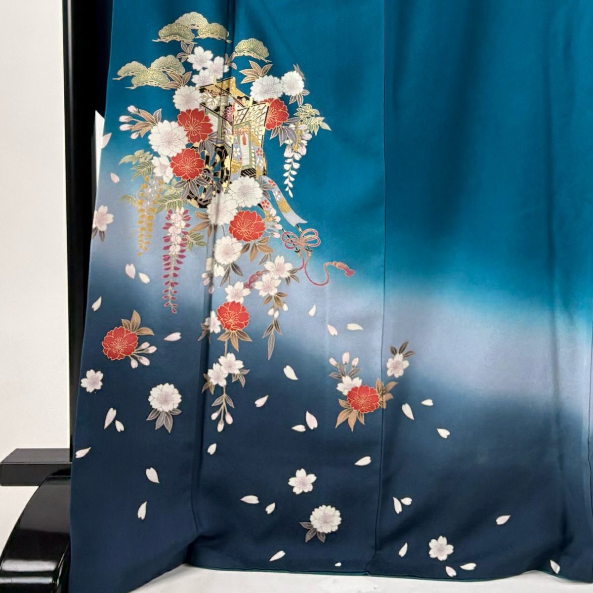 振袖禮服 身長171cm 袖長68cm L 雙層 御所車 櫻花 金銀彩 漸層 青綠 純蠶絲 秀品級