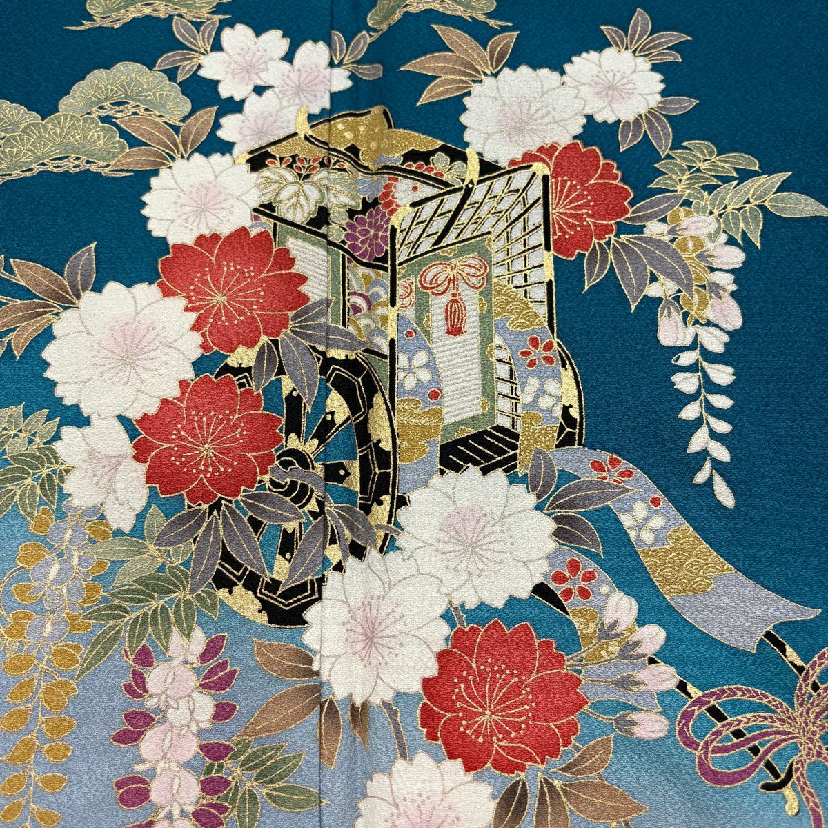 振袖禮服 身長171cm 袖長68cm L 雙層 御所車 櫻花 金銀彩 漸層 青綠 純蠶絲 秀品級