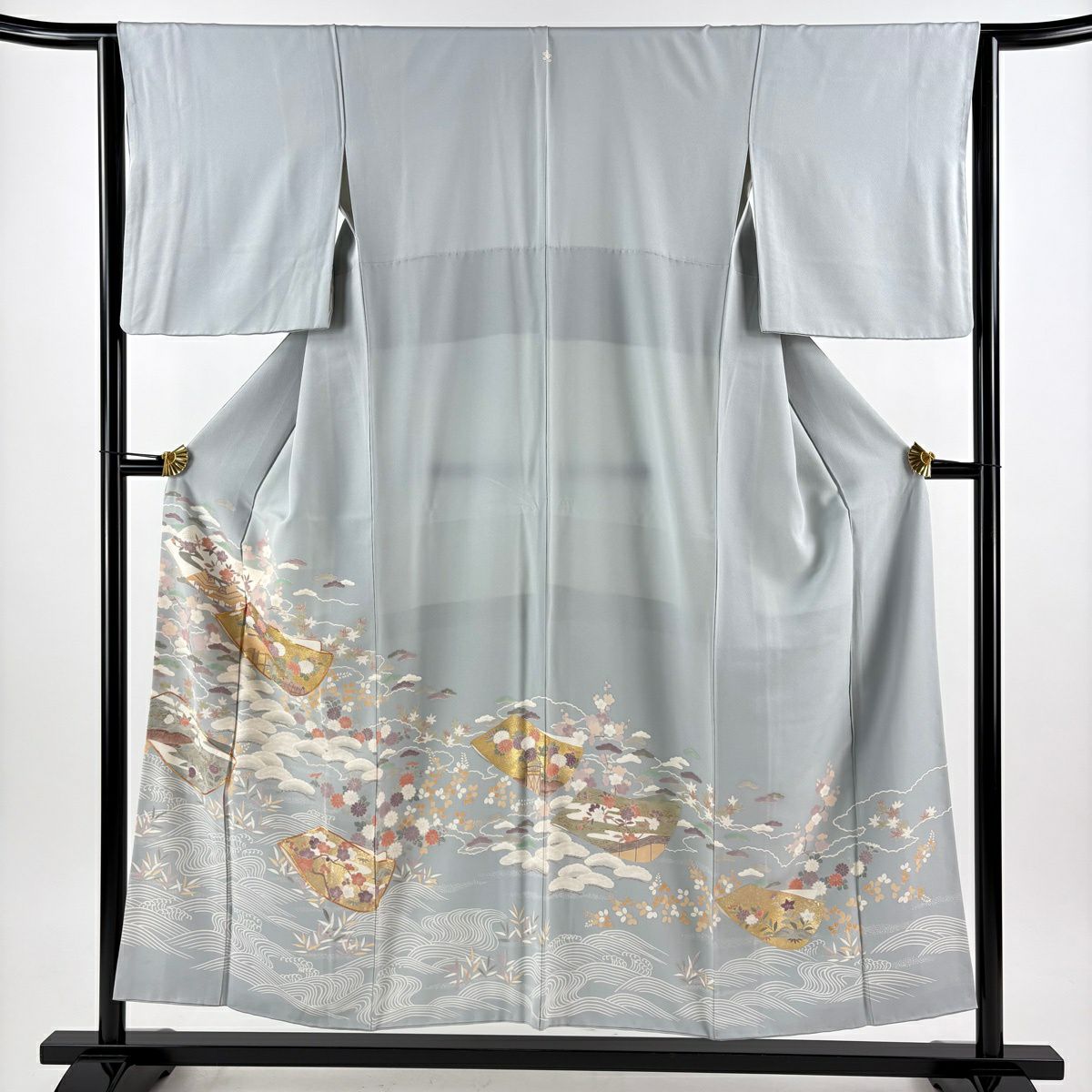 色留袖禮服 身長152.5cm 袖長63.5cm S 雙層 誰が袖 松樹竹子梅花 金絲 金銀彩 青灰 純蠶絲 秀品級 一つ紋