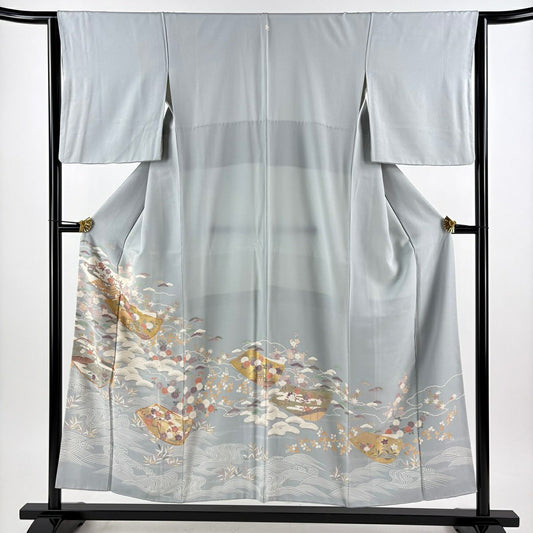 色留袖禮服 身長152.5cm 袖長63.5cm S 雙層 誰が袖 松樹竹子梅花 金絲 金銀彩 青灰 純蠶絲 秀品級 一つ紋