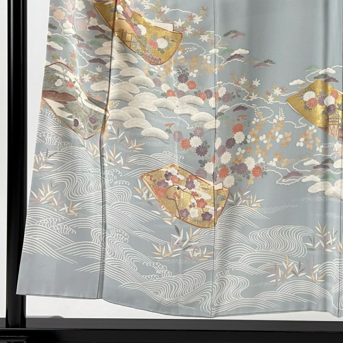 色留袖禮服 身長152.5cm 袖長63.5cm S 雙層 誰が袖 松樹竹子梅花 金絲 金銀彩 青灰 純蠶絲 秀品級 一つ紋