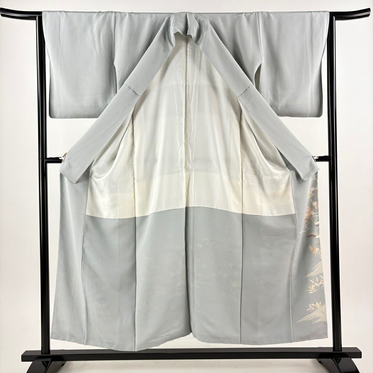 色留袖禮服 身長152.5cm 袖長63.5cm S 雙層 誰が袖 松樹竹子梅花 金絲 金銀彩 青灰 純蠶絲 秀品級 一つ紋