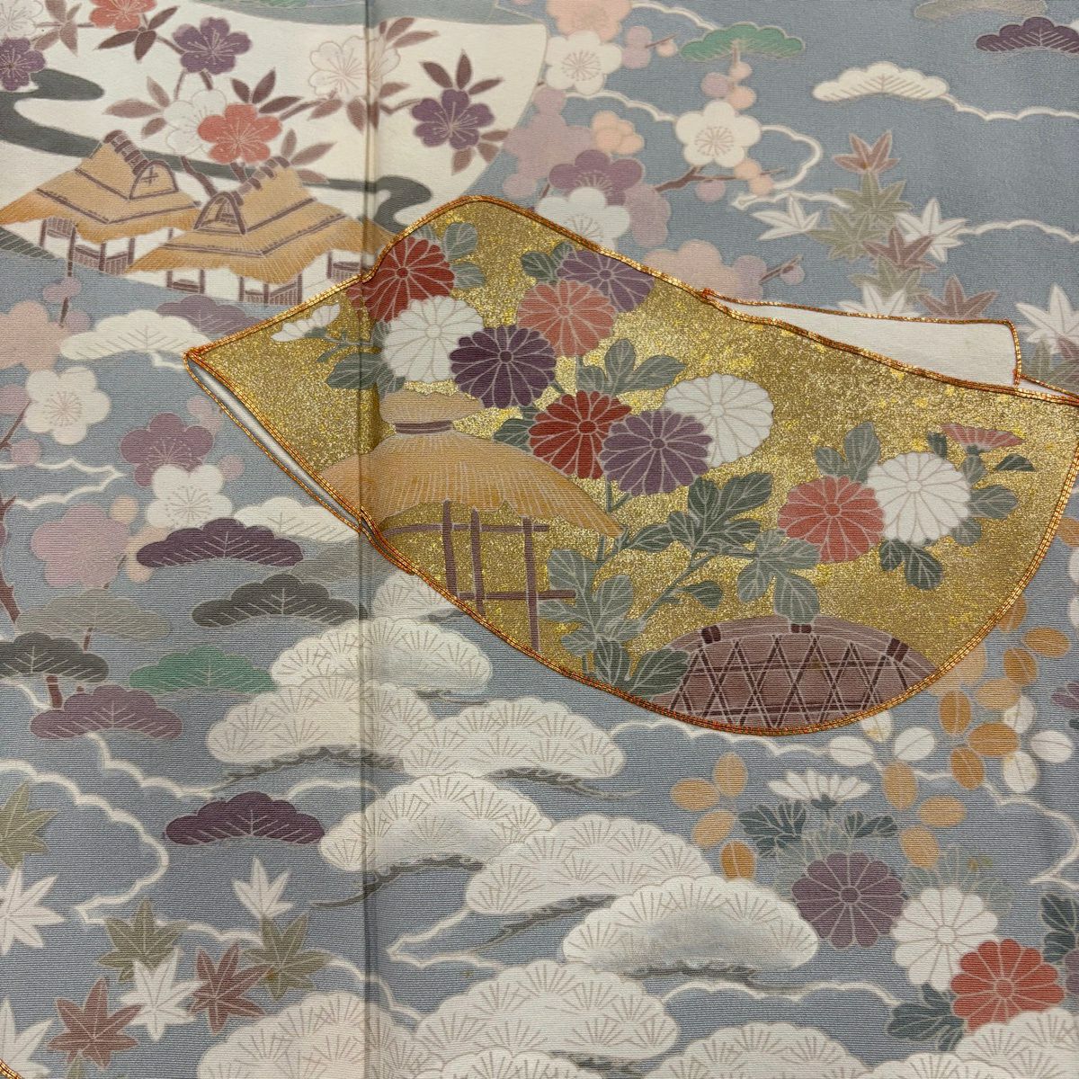色留袖禮服 身長152.5cm 袖長63.5cm S 雙層 誰が袖 松樹竹子梅花 金絲 金銀彩 青灰 純蠶絲 秀品級 一つ紋