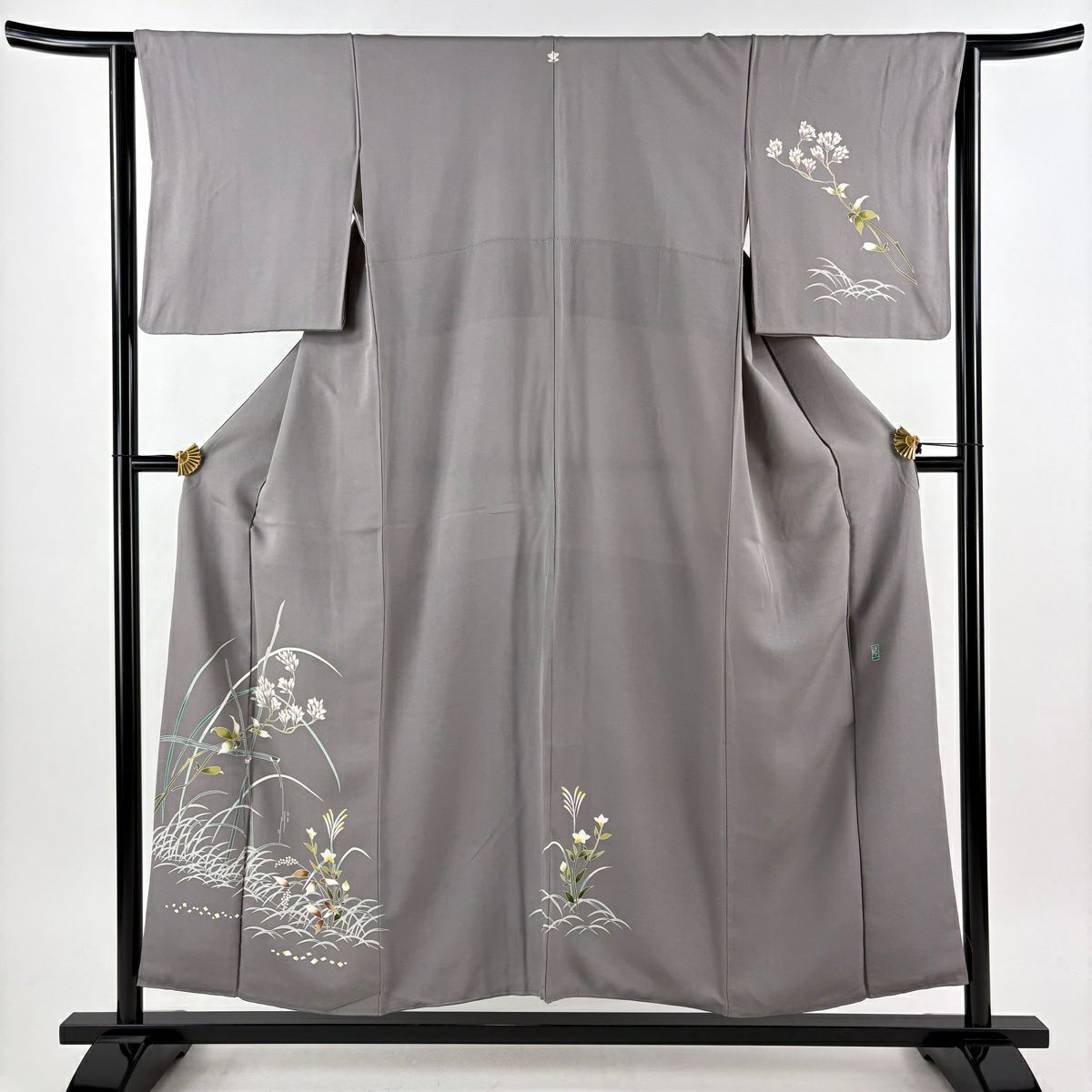 付下 身長154cm 袖長63cm S 雙層 落款 草花紋紋 灰色 純蠶絲 秀品級 一つ紋