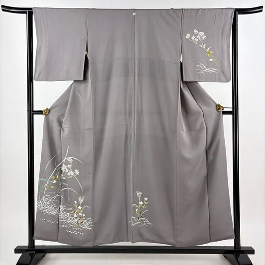 付下 身長154cm 袖長63cm S 雙層 落款 草花紋紋 灰色 純蠶絲 秀品級 一つ紋