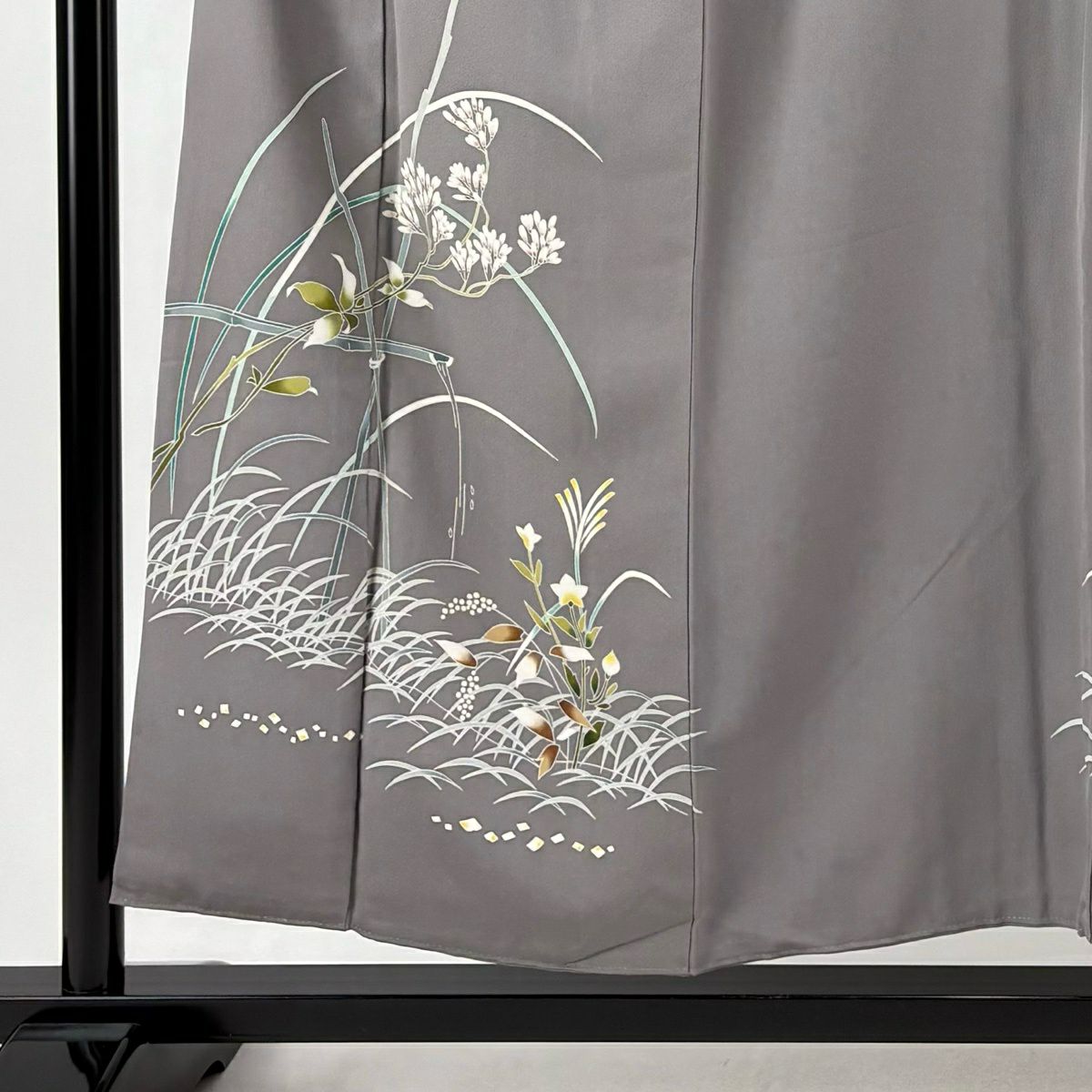 付下 身長154cm 袖長63cm S 雙層 落款 草花紋紋 灰色 純蠶絲 秀品級 一つ紋