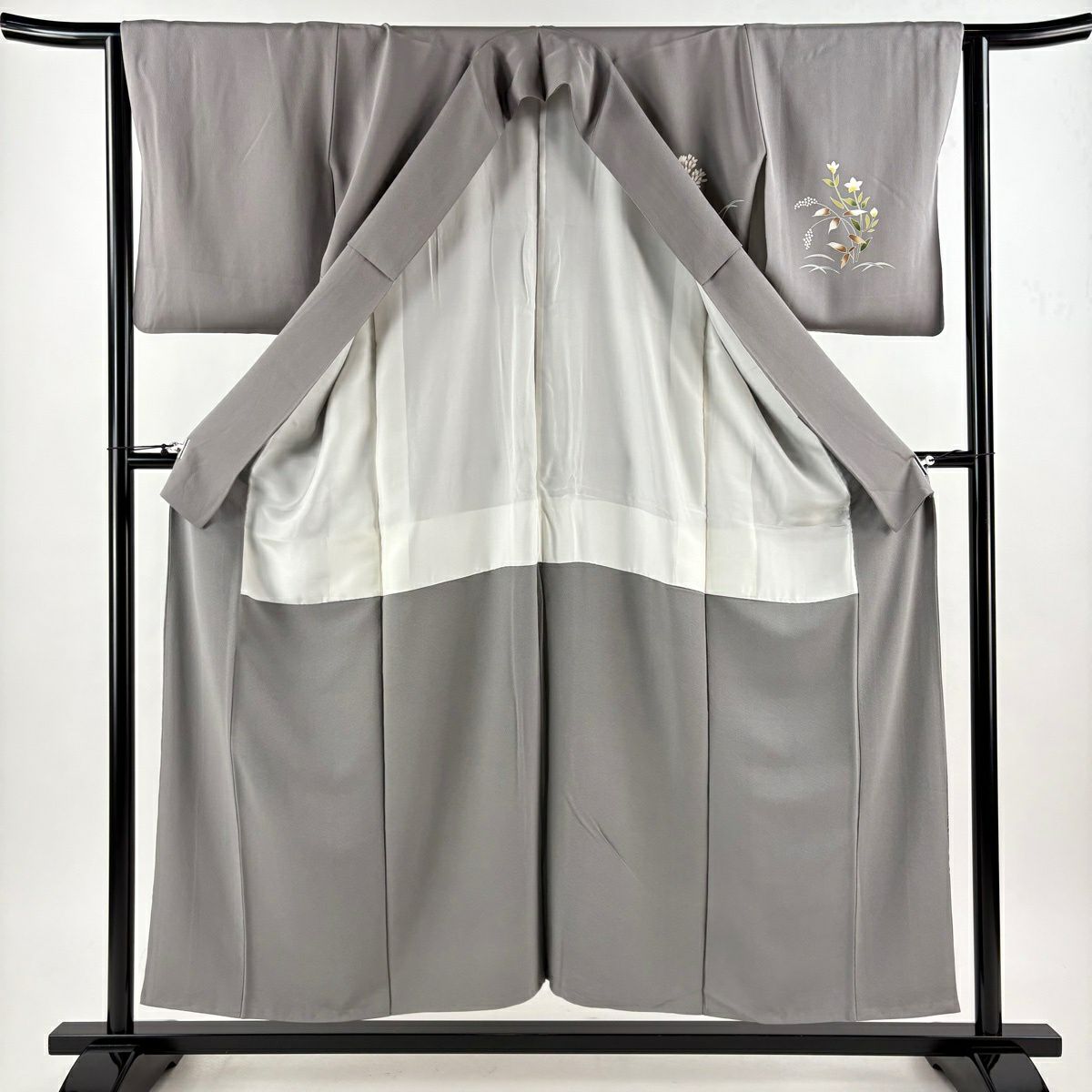 付下 身長154cm 袖長63cm S 雙層 落款 草花紋紋 灰色 純蠶絲 秀品級 一つ紋