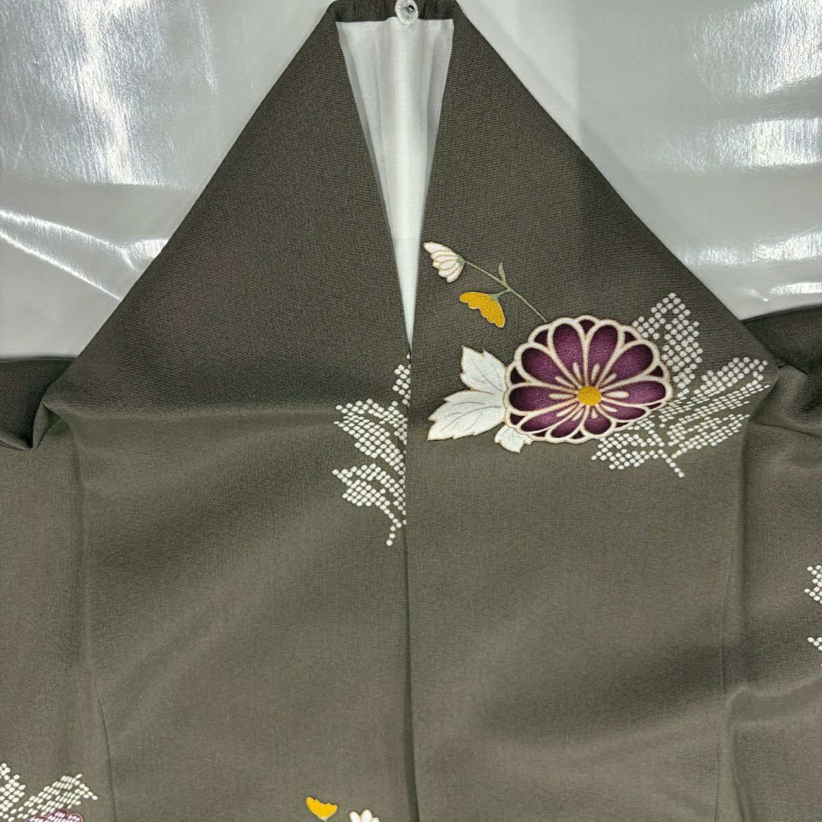 小紋 身長164.5cm 袖長65cm M 雙層 菊花 灰茶 純蠶絲 秀品級
