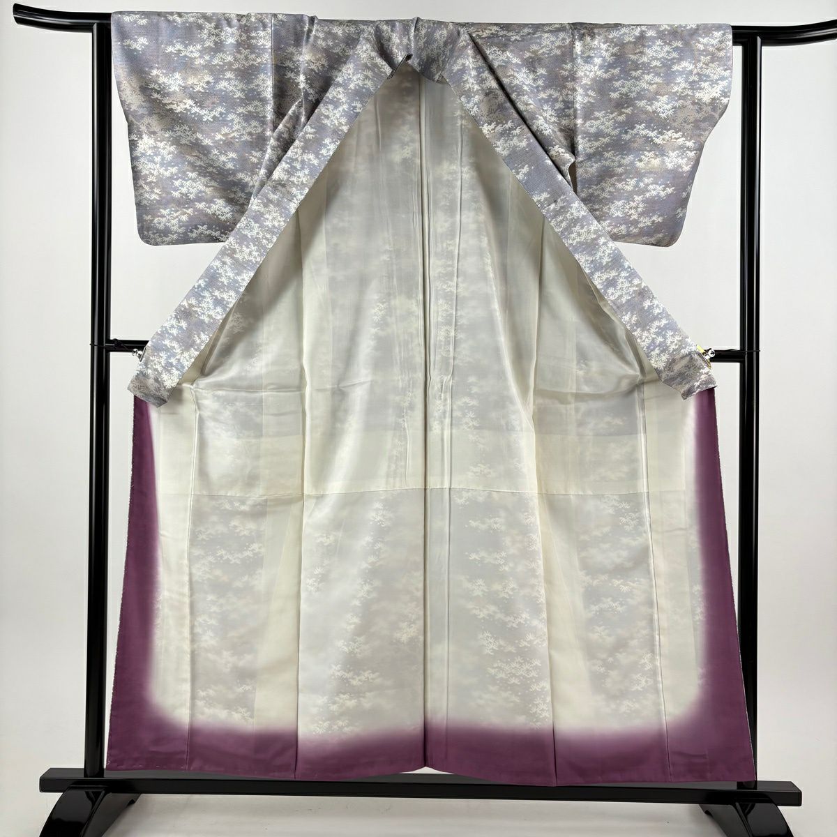 【美品】 紬織 身長157cm 袖長62cm S 雙層 枝葉 霞 青紫 純蠶絲 秀品級