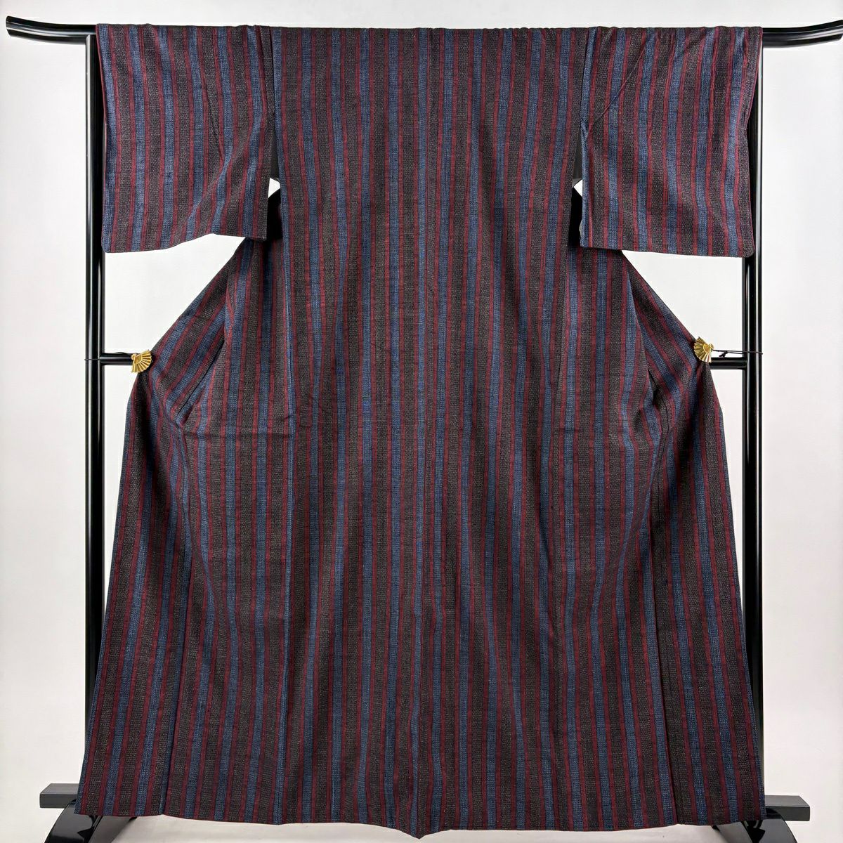 【美品】 紬織 身長163cm 袖長65.5cm M 雙層 鈕襯 縱條 龜甲絣 深紅 純蠶絲 優品級