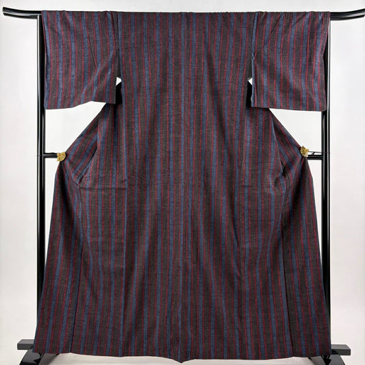 【美品】 紬織 身長163cm 袖長65.5cm M 雙層 鈕襯 縱條 龜甲絣 深紅 純蠶絲 優品級