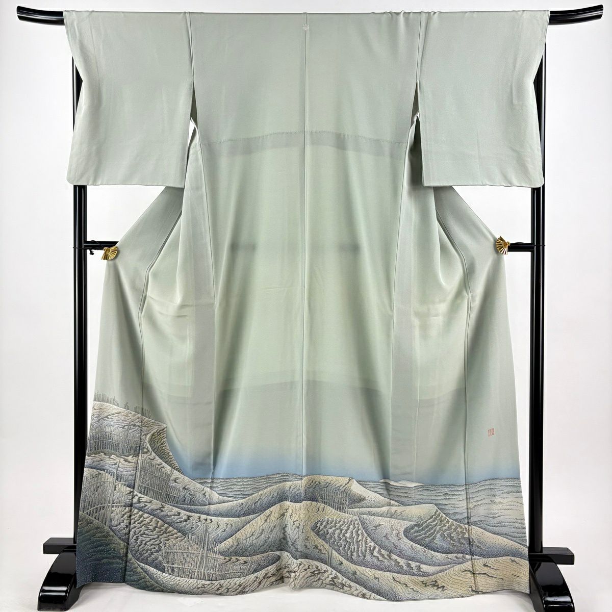 色留袖禮服 身長169cm 袖長68.5cm L 雙層 落款あり 海 濱邊 漸層 染分 灰綠 純蠶絲 秀品級 一つ紋