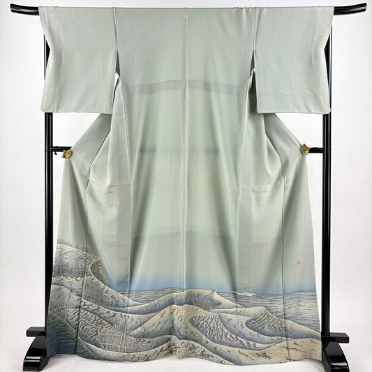 色留袖禮服 身長169cm 袖長68.5cm L 雙層 落款あり 海 濱邊 漸層 染分 灰綠 純蠶絲 秀品級 一つ紋