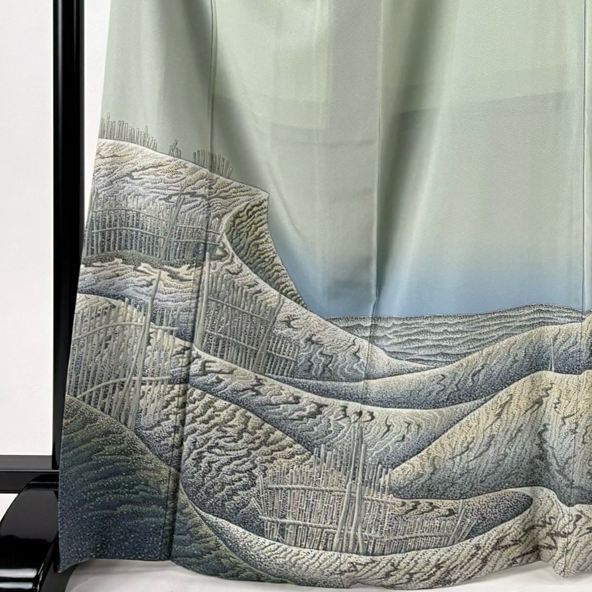 色留袖禮服 身長169cm 袖長68.5cm L 雙層 落款あり 海 濱邊 漸層 染分 灰綠 純蠶絲 秀品級 一つ紋