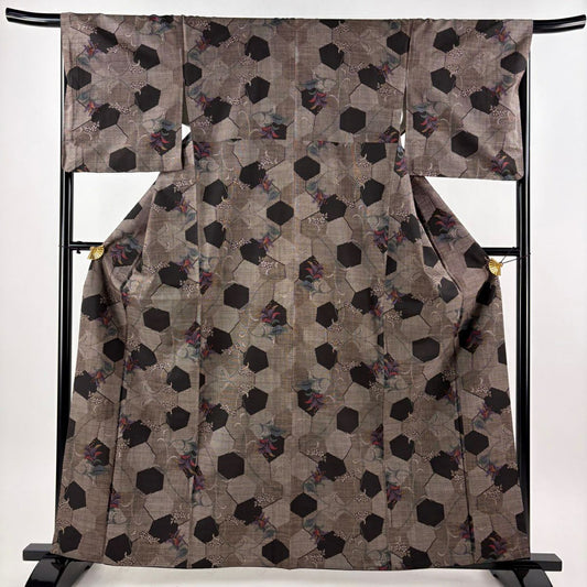 【美品】 紬織織 身長162cm 袖長67cm M 雙層 草花紋紋 幾何學圖案 焦茶 純蠶絲 秀品級