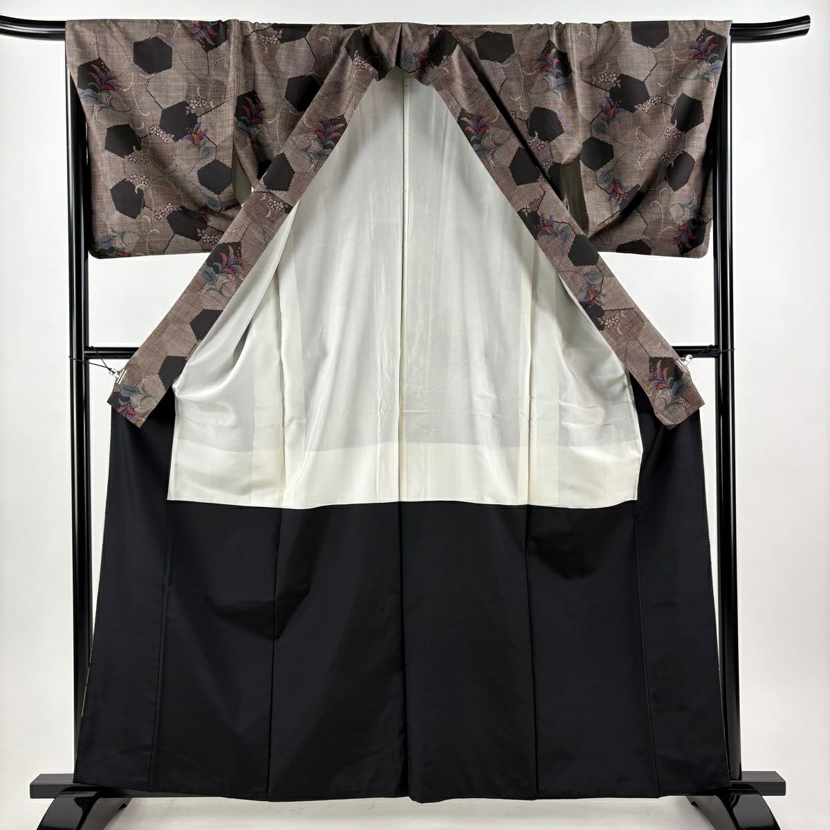 【美品】 紬織織 身長162cm 袖長67cm M 雙層 草花紋紋 幾何學圖案 焦茶 純蠶絲 秀品級