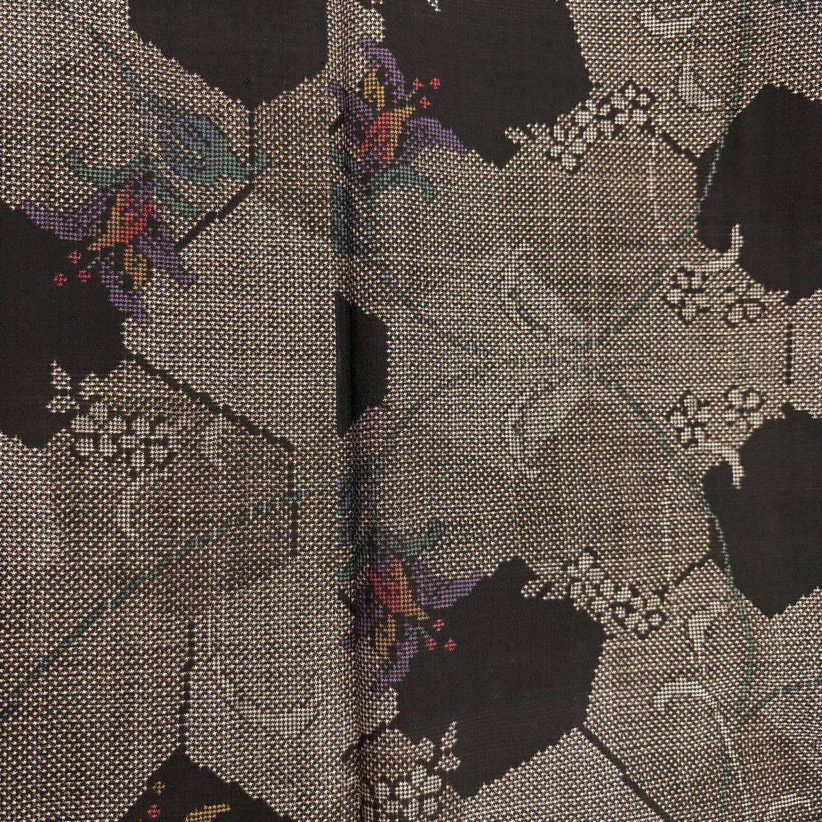 【美品】 紬織織 身長162cm 袖長67cm M 雙層 草花紋紋 幾何學圖案 焦茶 純蠶絲 秀品級