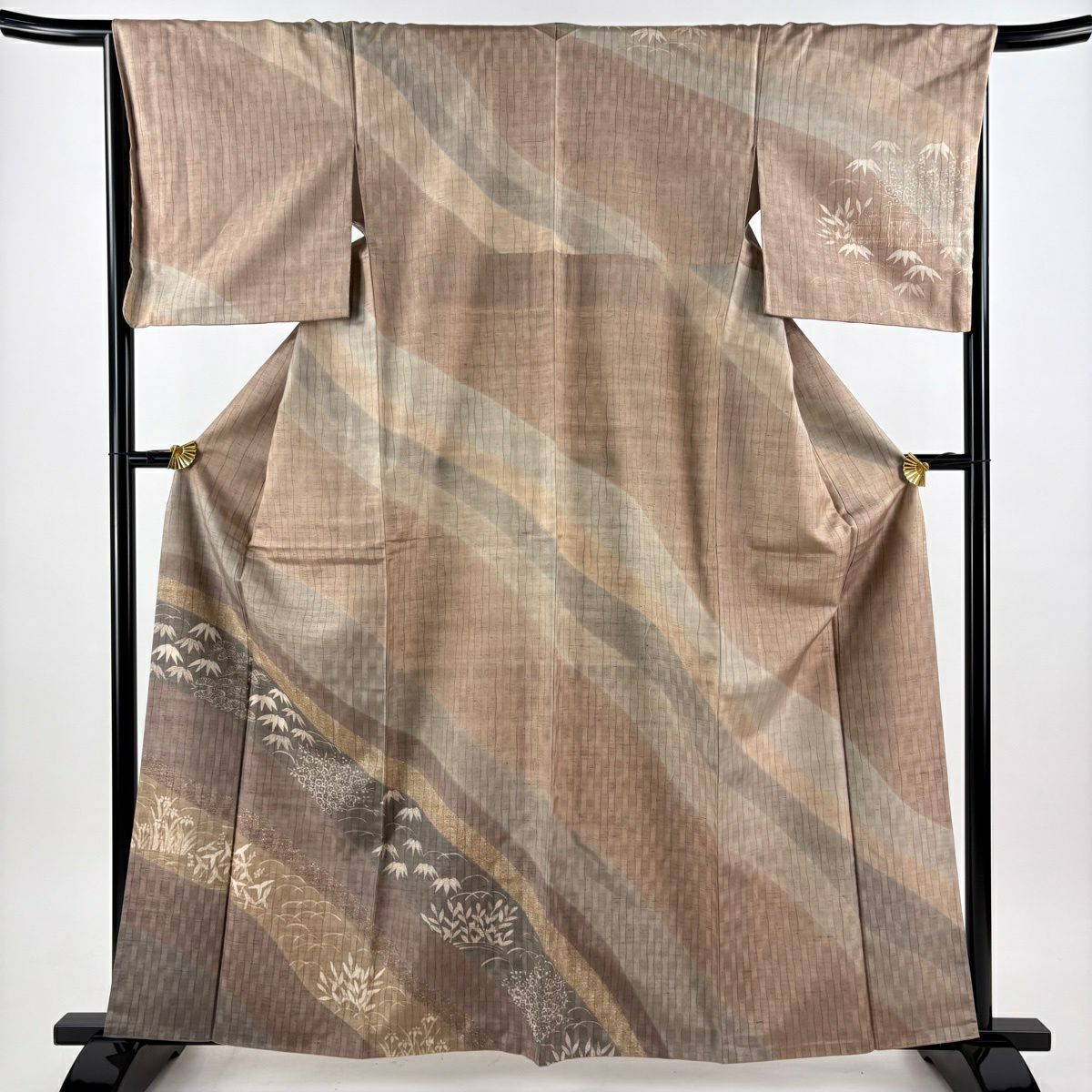 【美品】訪問服 身長162.5cm 袖長67.5cm L 雙層 紬織織 松樹竹子梅花 幾何學圖案 淺茶 純蠶絲 優品級