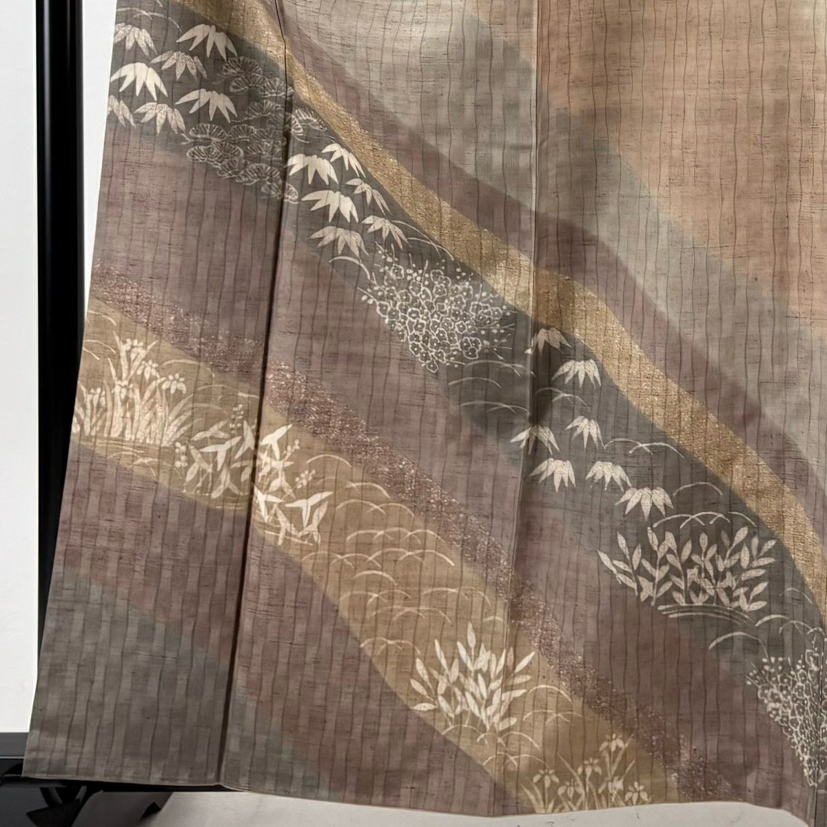 【美品】訪問服 身長162.5cm 袖長67.5cm L 雙層 紬織織 松樹竹子梅花 幾何學圖案 淺茶 純蠶絲 優品級