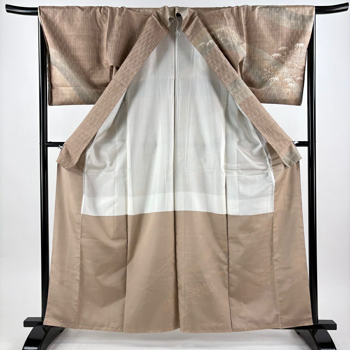 【美品】訪問服 身長162.5cm 袖長67.5cm L 雙層 紬織織 松樹竹子梅花 幾何學圖案 淺茶 純蠶絲 優品級