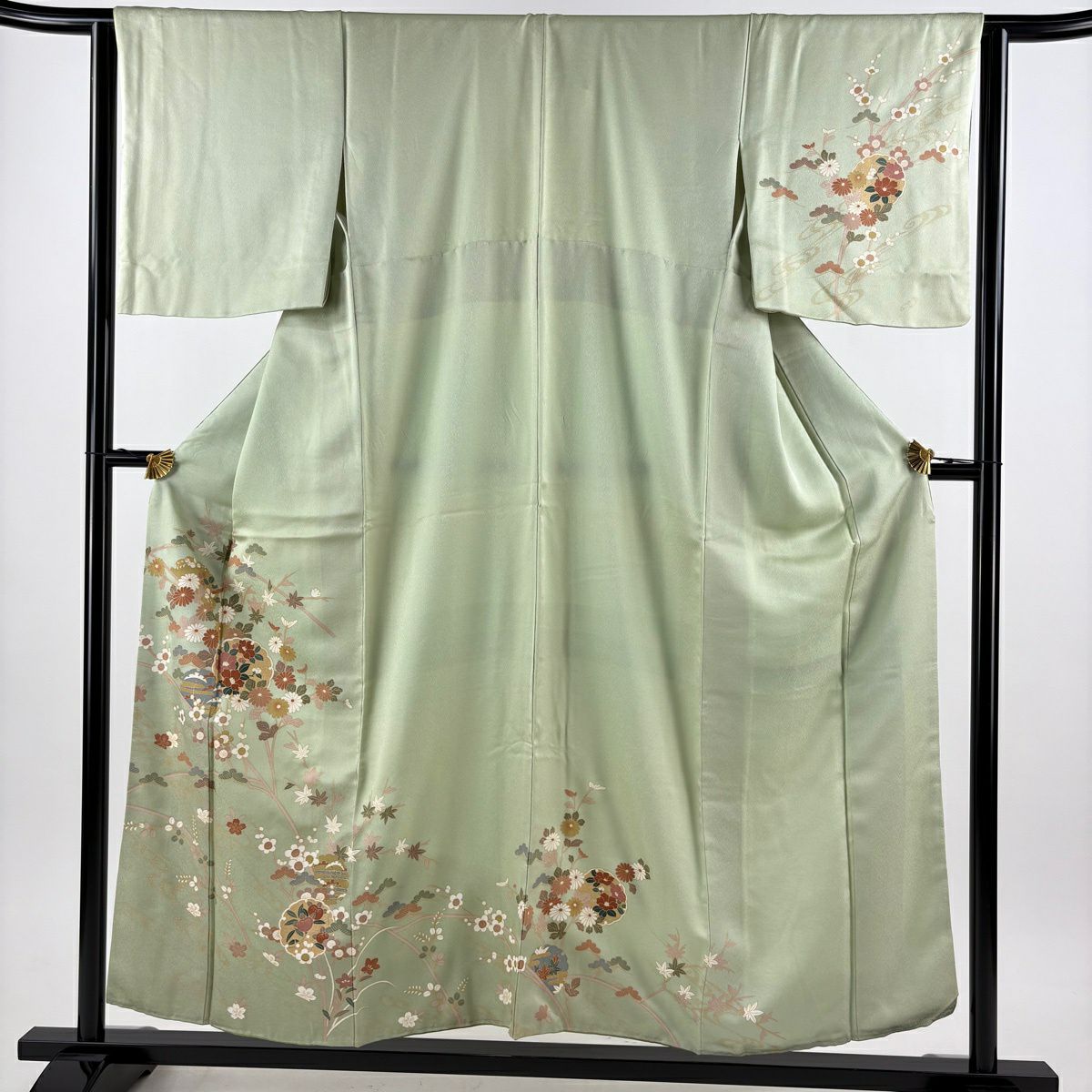 訪問服 身長156cm 袖長63cm S 雙層 雪輪 草花紋紋 金彩裝飾 淺綠 純蠶絲 秀品級