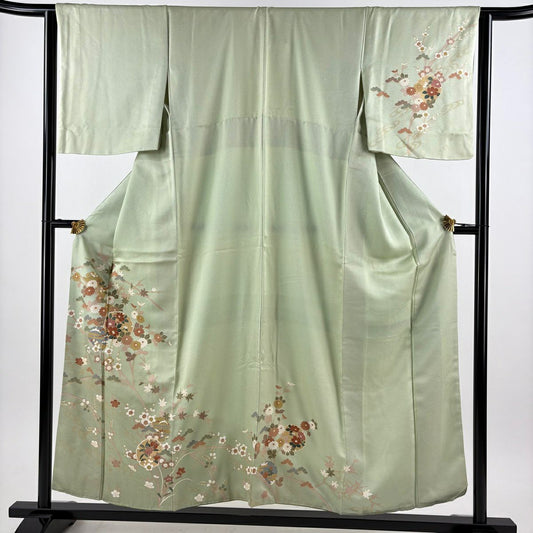訪問服 身長156cm 袖長63cm S 雙層 雪輪 草花紋紋 金彩裝飾 淺綠 純蠶絲 秀品級