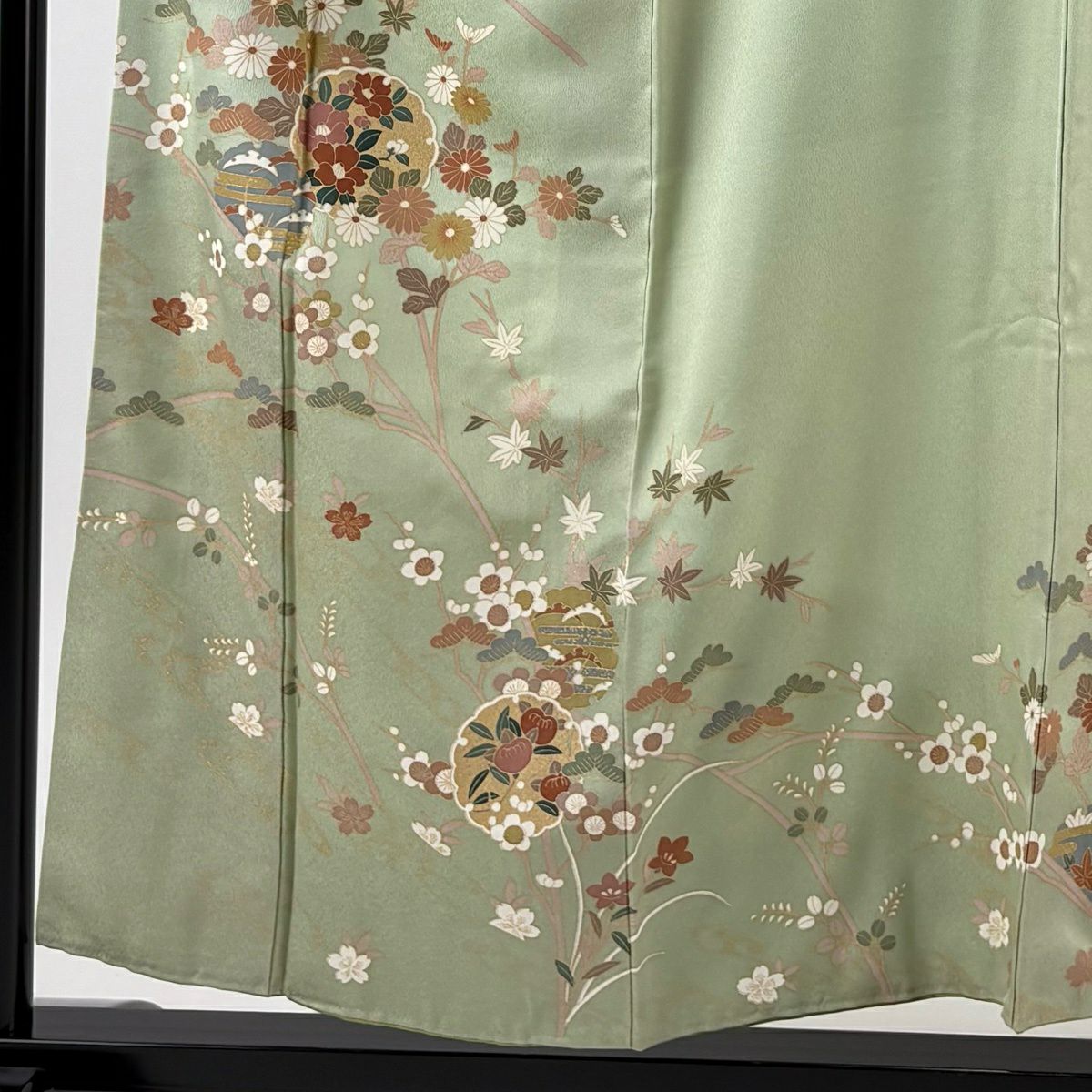 訪問服 身長156cm 袖長63cm S 雙層 雪輪 草花紋紋 金彩裝飾 淺綠 純蠶絲 秀品級