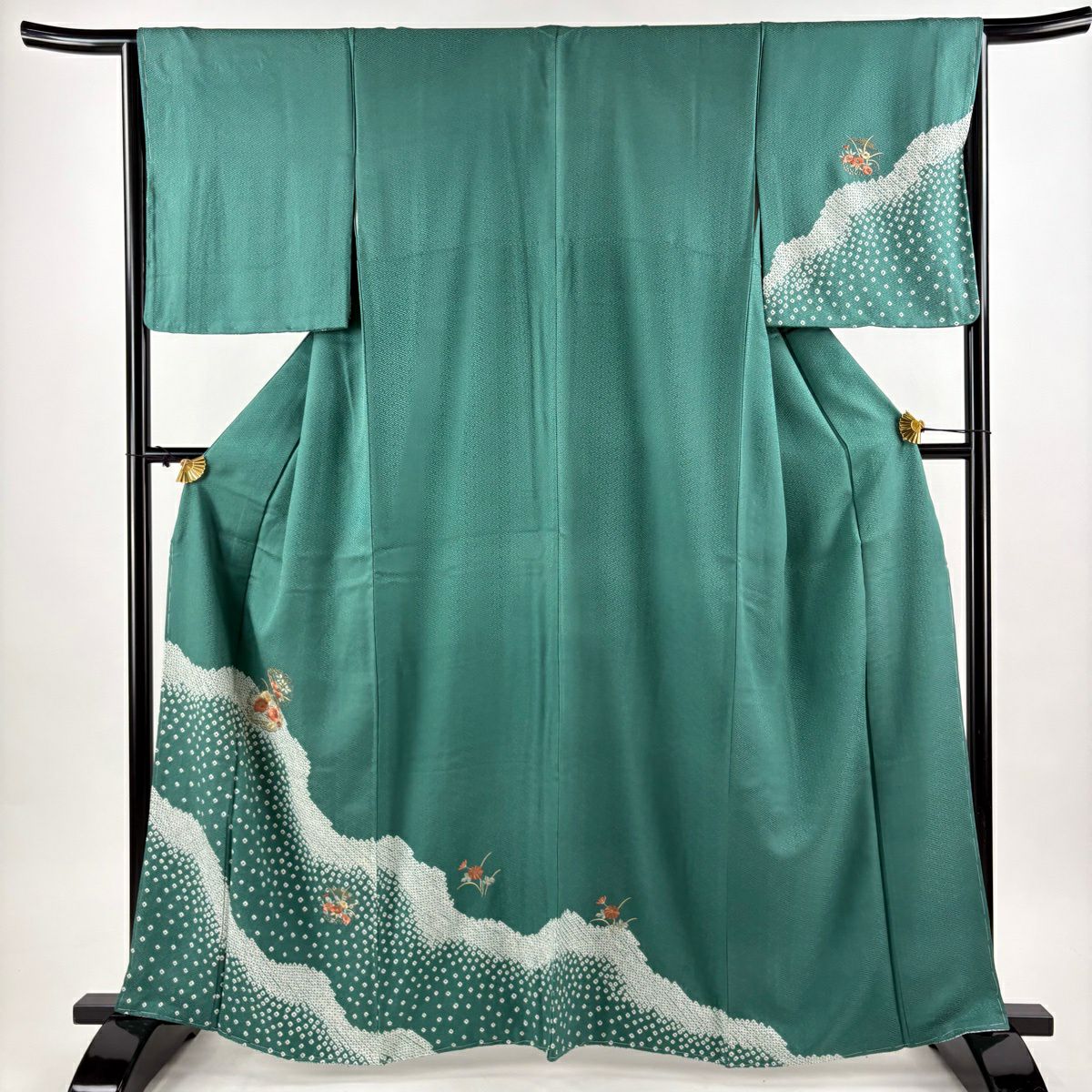 付下 身長164cm 袖長66cm M 雙層 雪輪 草花紋刺繡 絞染 綠 純蠶絲 秀品級