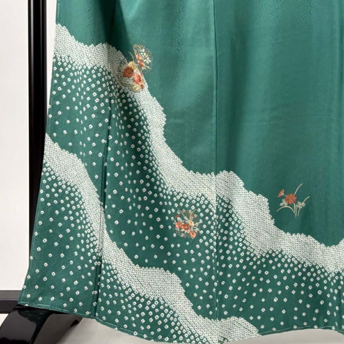付下 身長164cm 袖長66cm M 雙層 雪輪 草花紋刺繡 絞染 綠 純蠶絲 秀品級