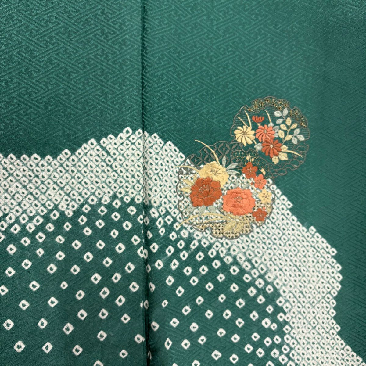 付下 身長164cm 袖長66cm M 雙層 雪輪 草花紋刺繡 絞染 綠 純蠶絲 秀品級